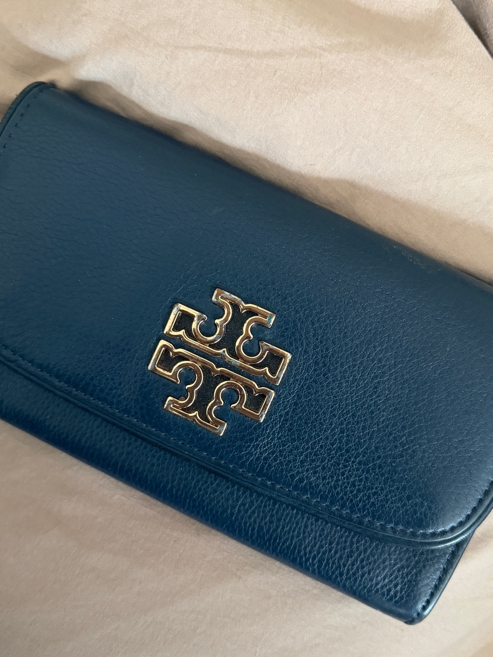 Tory Burch Teal Leather Card Holder with Gold Logo
